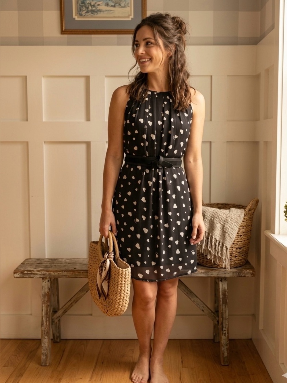 Black Heart-Print Halter Mini Dress - Elegant Casual Small